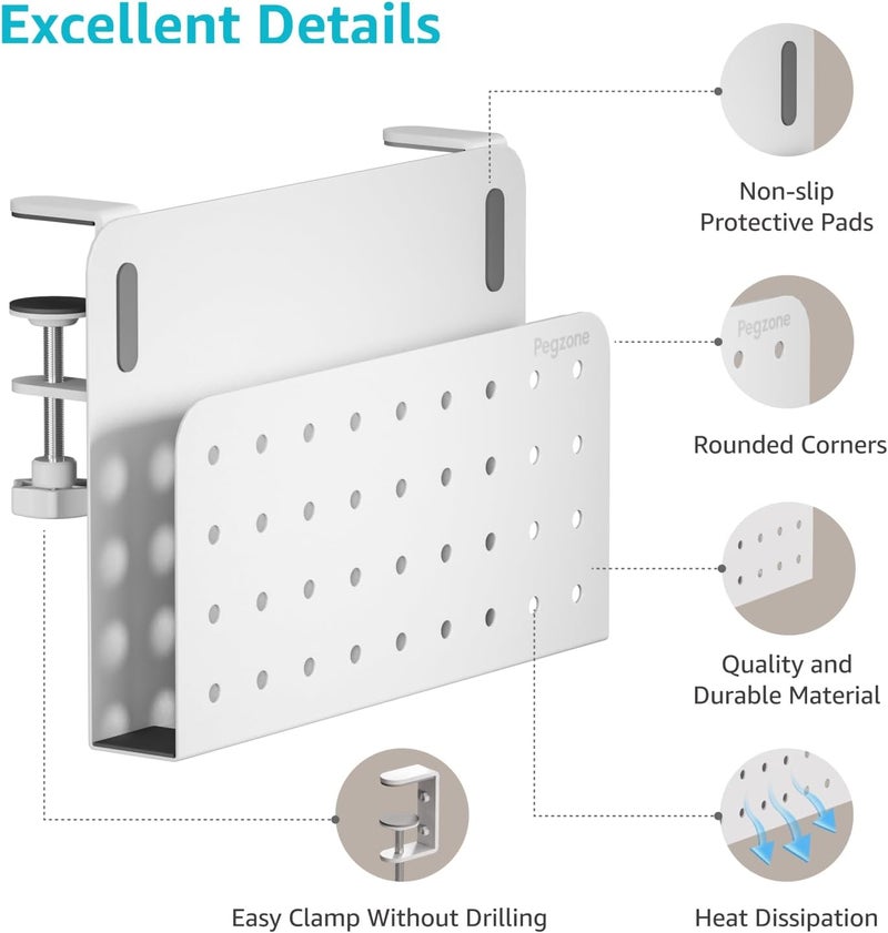 PEGZONE Desk Side Storage Organizer, No Drill Under Desk Laptop Holder, Clamp on Desks Shelf with Pegboard Accessories, Hanging Laptop Mount, Fits Flat Edge 0.4" to 2.2", White - Image 4